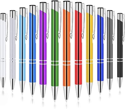 Kleurige balpennen set van 12 stuks, metalen balpen met zwarte inkt, ideaal voor school, kantoor en als cadeau voor werknemers en speciale gelegenheden