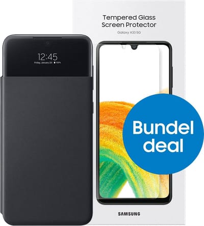 Samung Galaxy A33 bundel - met Screenprotector, Clear view hoesje - Zwart geschikt voor Samsung Galaxy A33