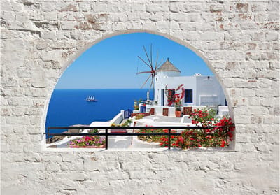 Fotobehangkoning - Behang - Vliesbehang - Fotobehang Uitzicht op Santorini 3D - Summer in Santorini - 150 x 105 cm