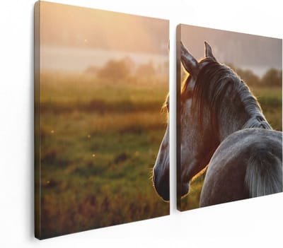 Artaza Canvas Schilderij Tweeluik Paard In De Weide Tijdens Zonsondergang - 120x80 - Foto Op Canvas - Canvas Print