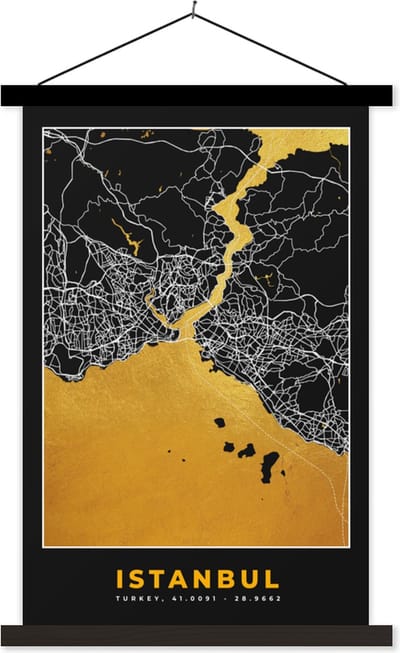 Posterhanger incl. Poster 40x60 cm - Schoolplaat - Istanbul - Plattegrond - Goud - Stadskaart - Kaart - Textielposter - Zwarte latten - Stadskaart