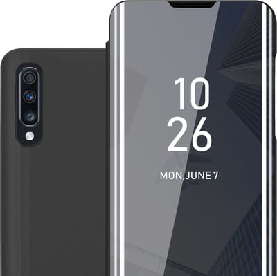 Cadorabo Hoesje geschikt voor Samsung Galaxy A70 / A70s in TOERMALIJN ZWART - Clear View Spiegel Beschermende Case met Tribunefunctie 360 Graden Bescherming Book Case Cover Etui