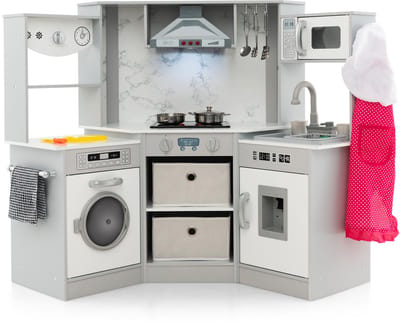 COSTWAY Kinderkeuken hout, speelkeuken met licht en geluid, houten keuken hoek met afzuigkap, watercirculatiesysteem, waterdispenser en wasmachine, incl. accessoires, ideaal voor kinderen vanaf 3 jaar