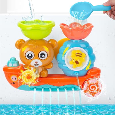 Beer Bij Boot Waterval Bad Speelgoed voor Peuters - Zuignap Wandmontage Badkuip Waterspeelgoed met Wateruitloop & Roterend Wiel - Interactieve Sprinkler Douche Zintuiglijk Speelgoed Cadeau voor Baby Jongens Meisjes 1-6 Jaar