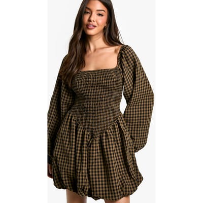 boohoo Dames Check Shirred Long Sleeve Puff Sleeve Mini Dress | Bruin | Maat: 38