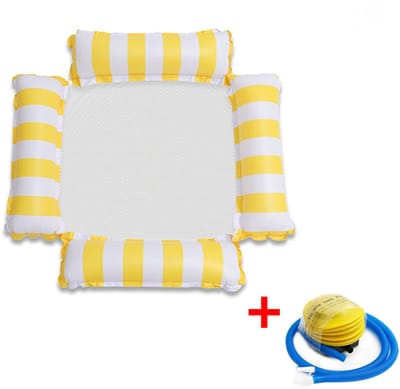 Opblaasbare Drijvende Hangmat Stoel voor Volwassenen en Kinderen – Ergonomisch – Stripedesign – Snelle Opblaas – 112 x 112 cm – Inclusief Luchtpomp – Geel