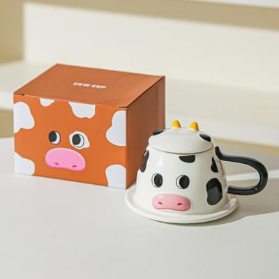 Creatieve Leuke Cartoon Driedimensionaal Koeienkoppel Waterbeker Keramische Beker met Deksel Poppetje Schattig Huisdier Mok Koffiekop 301-400ml
