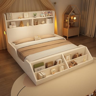 MODENUIT Houten bed 140x200 cm – Zonder matras – Hoofdbord met planken & afneembaar boekenrek – Nachtlampjes – Wit
