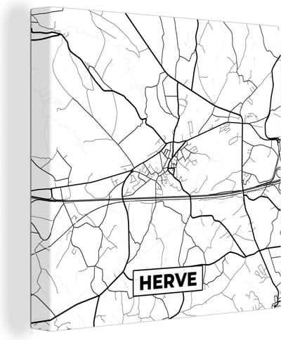 Canvas Schilderij Zwart Wit – België – Plattegrond – Stadskaart – Kaart – Herve - 20x20 cm - Wanddecoratie