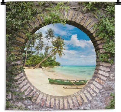 Wandkleed - Wanddoek - Strand - Palmboom - Doorkijk - Kano - 180x180 cm - Wandtapijt