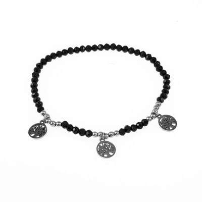 Elastische Armband Dames - Zwarte Facet Geslepen Glaskralen - RVS Zilverkleur - Levensboom