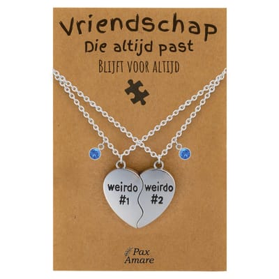 BFF Ketting voor 2 'Vriendschap die altijd past' - Weirdo's Hartje - Vriendschapsketting op Cadeau Kaartje - 45cm + 5cm verstelbaar - Zilverkleurig - Best Friends Hanger - Pax Amare