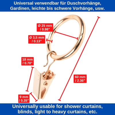Gordijnclips met Ringen, 30 stuks, in Goudkleur, Ø 32 mm buiten, Ø 25 mm binnen, gordijnringen voor gordijnroedes, metalen ringen klemhaken, gordijnclips trekringen, multifunctionele haakclip set