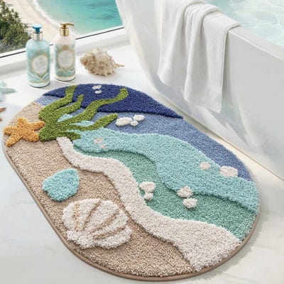Antislip badmat, 60 x 90 cm, ovaalvormig, zeer absorberend, wasbaar, met strand- en zeesterrenpatroon, Geschikt voor badkamers, slaapkamers en kinderkamers, beige.