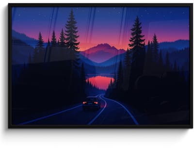 Poster in lijst - Fotolijst 120x80 cm - Posters - Auto - Donkere dennenbomen - Zonsondergang - Posterlijst zwart - Decoratie - Wanddecoratie woonkamer - Muurdecoratie slaapkamer