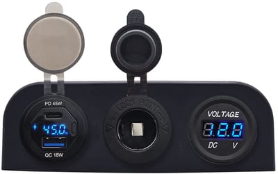 ProRide 12V USB Autolader 2 Poorten - 45W/QC3.0 - Voltmeter en 12V/24V Sigarettenplug - Drievoudig opbouw paneel