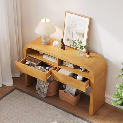 MODENUIT Consoletafel - Gebogen Front Met 2 Laden - Voor Hal Of Woonkamer - MDF - 120x35,5x76,5 cm - Naturel