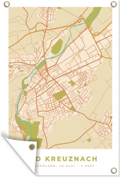 Muurdecoratie Kaart - Vintage - Stadskaart - Bad Kreuznach - Plattegrond - 120x180 cm - Tuinposter - Tuindoek