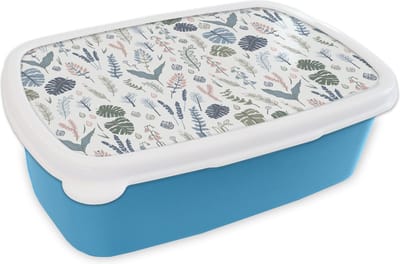 Broodtrommel Blauw - Lunchbox - Brooddoos - Patronen - Bloemen - Planten - 18x12x6 cm - Kinderen - Jongen