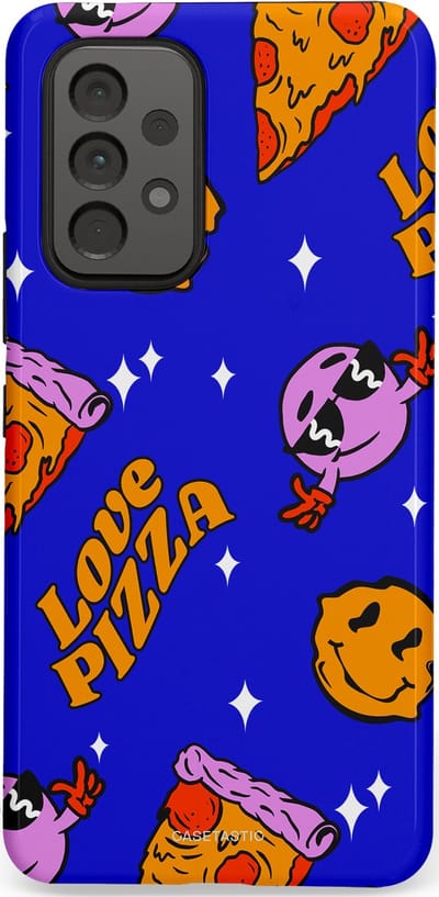 Casetastic hoesje geschikt voor Samsung Galaxy A53 (2022) 5G - Dubbellaagse bescherming - Funky Pizza - Fashion Case - Paars Okergeel Donkerblauw Bruin