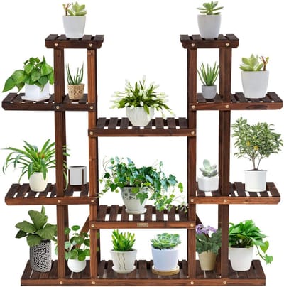 COSTWAY Plantenrek bloemenrek, bloemenstandaard hout, bloementrap tuin, plantentrap meerdere verdiepingen, houten rek (9 etages, 125 x 25 x 114 cm)