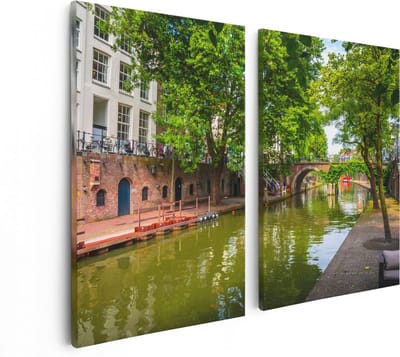 Artaza Canvas Schilderij Tweeluik Oudegracht In Utrecht - 80x60 - Foto Op Canvas - Canvas Print