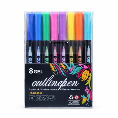 Dubbele contourstiften - 8 kleuren met zwarte houder - Kleurrijk glanseffect - Voor schoolposters en tekstmarkering - Basisverpakking