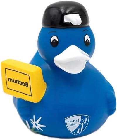 Badeend Bochum - Voetbal badeend Fan eend - Decoratie - Met plaatsnaambord - 10 x 9 x 9 cm - Blauw/Wit