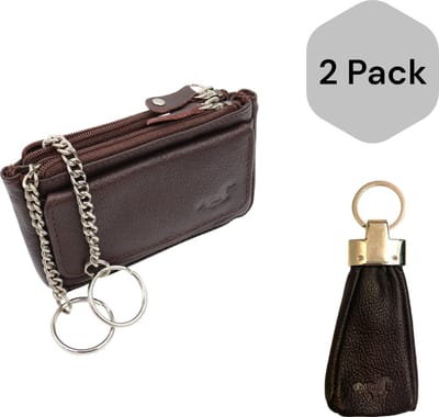 Safekeepers - Sleuteletuis bruin en Sleutelhanger met rits bruin - Sleuteltasje heren en dames - Duo pack