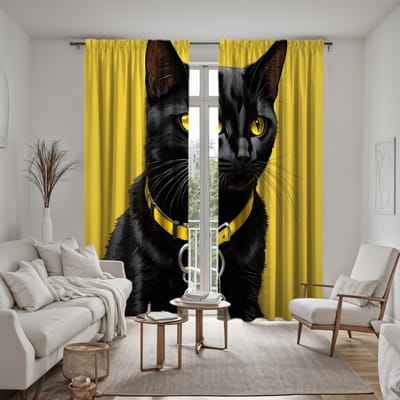 2 stuks HD schattig zwarte kat gordijn Gele band digitaal bedrukt gordijn Woondecoratie stijl Woonkamer slaapkamer decoreren Draagstang W52H63inchW132H160cm yellow
