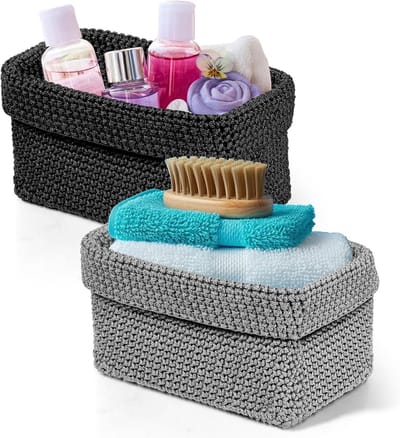 Set van 2 gevlochten opbergmanden, opbergmand, stapelbare, opbergmanden klein, luiertafel, organizer, zwart, grijs, 22 x 12 x 11 cm, voor kleinigheden, cosmetica