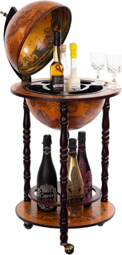 Luxe Wereldbol Bar – Drank Trolley – Wijnrek – Serveerwagen – Bar Cart – Eucalyptus Hout – 1M Hoog – Stijlvol Design – Bruin