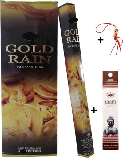 Doos met 120 stokjes - Wierook - Wierookstokjes - Incense sticks - Gold Rain - Gouden Regen + 5 mini wierookstokjes + Gelukspoppetje
