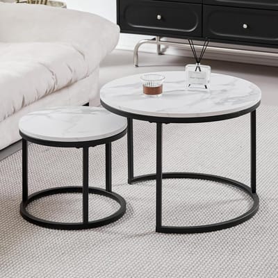 Set van 2 Ronde Salontafels met Marmerlook | Nestelbare Bijzettafels Wit/Zwart