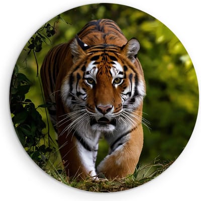 Saammp Muurcirkel Hout - Tijger tussen de bladeren - Natuur - Dieren - Ø 90 - Wandcirkel - Wanddecoratie Cirkel - muurdecoratie Woonkamer - Slaapkamer decoratie - Rond Schilderij