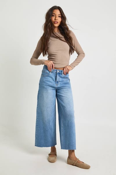 boohoo Dames De Hoge Taille Verkorte Wijde Pijpen Jeans | Lichtblauw | Maat: 36
