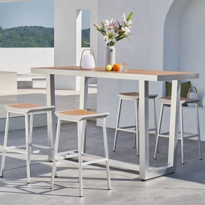 AXI James Barset met 4 barkrukken Aluminium met Hout-look – Geborsteld aluminium frame – Bartafel en krukken met Hout-look tafelblad en zitvlak - 180x78cm