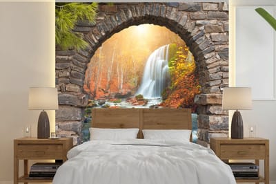 Behang - Fotobehang Doorkijk - Waterval - Herfst - Landschap - Breedte 300 cm x hoogte 300 cm