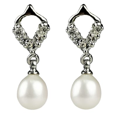 Zoetwater parel oorbellen Bling Pearl Heart W - echte parels - wit - oorknopjes - zilver - stras stenen - sieraden zakje - parel oorbellen dames - parel oorknopjes