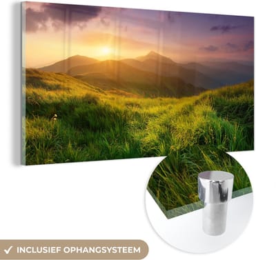 MuchoWow® Glasschilderij 40x20 cm - Schilderij acrylglas - Bergen - Zon - Natuur - Foto op glas - Schilderijen