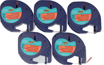 Dappaz - 5 stuks Dymo LetraTag 91203 Labeltape Zwart op Rood 12 mm x 4 m - Geschikt voor Dymo LetraTag Labelprinter S0721630