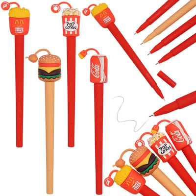 Fast-food GEL PEN met figuurtje, blauwe inkt, school hamburger popcorn frietjes