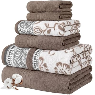 6-delige badhanddoekenset - 2 badhanddoeken, 2 handdoeken, 2 washandjes - Garen geverfde jacquard - Ophelia Fawn