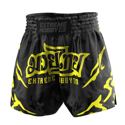 Extreme Hobby - Black Panther Muay Thai Shorts - XL - Zwart-Geel - Satijn