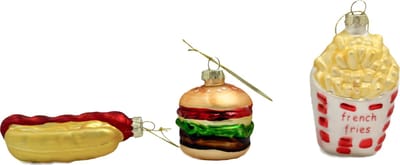 Unieke Fastfood Kersthangers - Hamburger, Friet & Hotdog - Set van 3 Glazen Kerstballen met Haakjes - 3BMT®