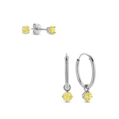 New Bling 9SIL-SET0006 Zilveren Set Oorringen met hangertje en Oorknopjes met Zirkonia - 15mm Doorsnee - Knopjes 3mm - Geel - Rhodium - Zilver