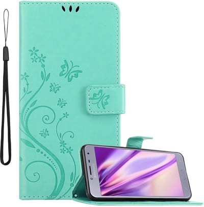 Cadorabo Hoesje geschikt voor Samsung Galaxy J4 2018 in BLOEMEN TURKOOIS - Beschermhoes in bloemmotief met magnetische sluiting, standfunctie en kaartsleuven Book Case Cover Etui