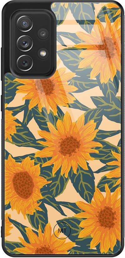 Hoesje geschikt voor Samsung Galaxy A52 5G - Zonnebloemen - Hard Case Zwart Back Cover - Natuur - Oranje - Mooie Telefoonhoesjes