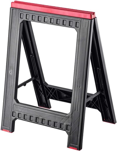 KADAX Zaagbok voor werkplaats, 58 x 41,5 x 77 cm, klapbok van kunststof, steigerbok met schaal, inklapbare onderstelbok, steunbok voor werk (1 stuk/zwart)