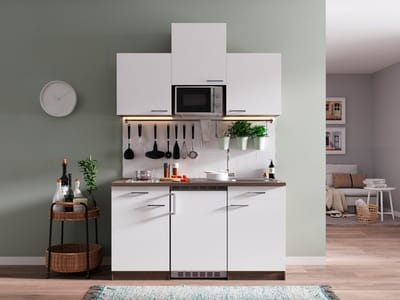Goedkope keuken 150 cm - complete kleine keuken met apparatuur Oliver - Donker eiken/Wit - keramische kookplaat - koelkast - magnetron - mini keuken - compacte keuken - keukenblok met apparatuur